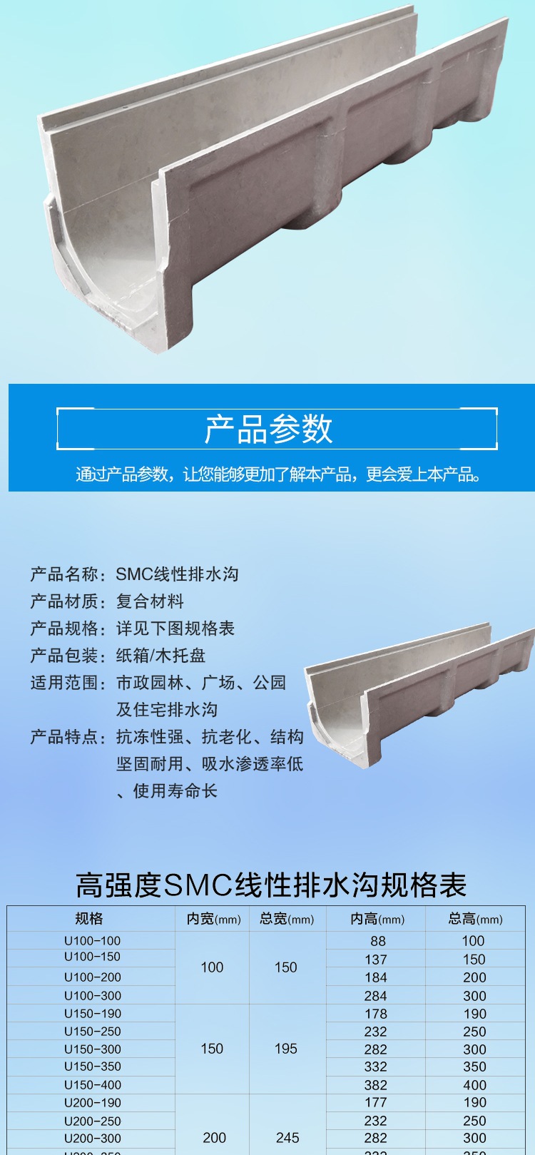 树脂成品排水沟u型槽混凝土线性排水沟槽缝隙式地沟排水沟沟盖板