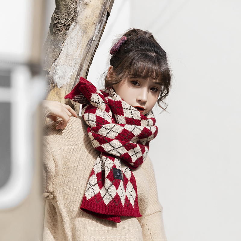 Knitted Diamond Plaid ~ Unique Ins Korean Style Japanese Style Street Sweet Autumn-Winter Warm and Thickening Scarf Dual-Use Scarf