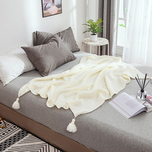 欧美风时尚毛毯简约纯色针织盖毯毯流苏透气镂空沙发毯涤纶空调毯