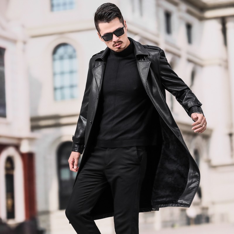 秋冬长款加绒加厚真皮皮衣男过膝盖加绒绵羊皮大衣男士皮风衣外套