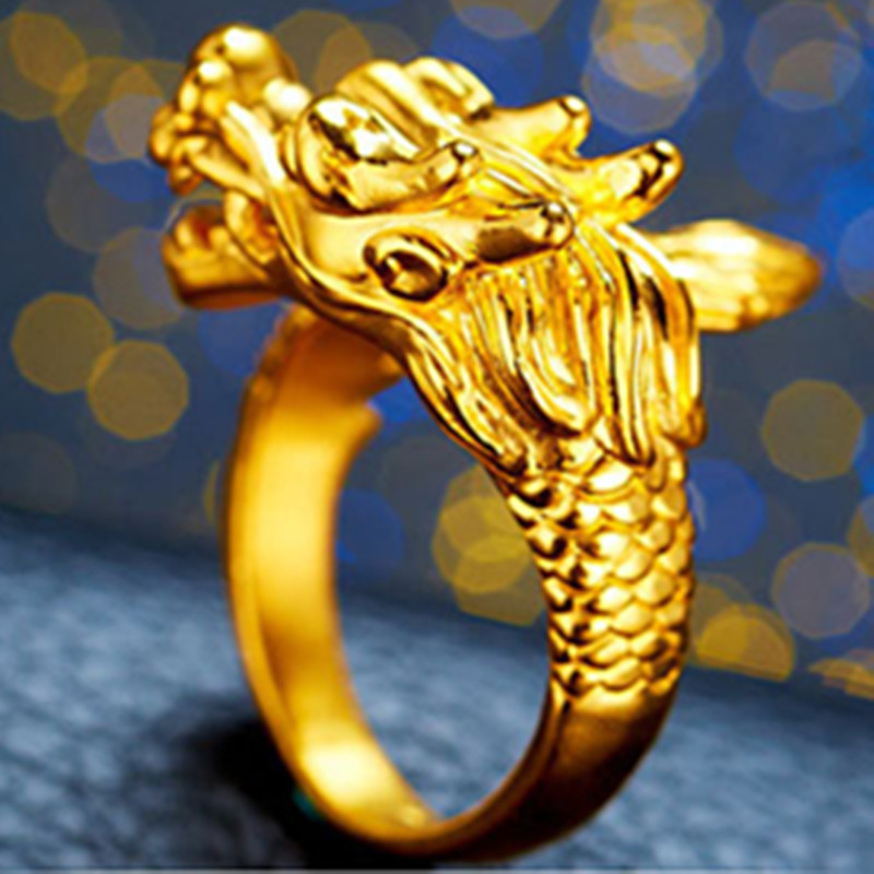 越南沙金欧币仿黄金龙头戒指男士霸气开口指环3d硬金十二生肖饰品