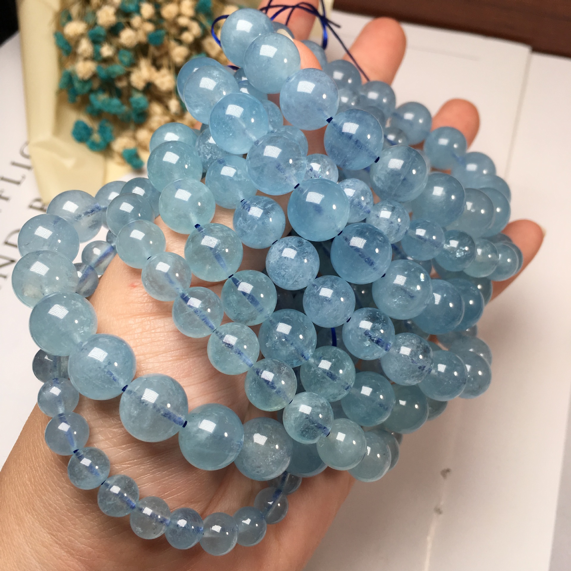 天然海蓝宝手链手串男女款 绿柱石水晶单圈手链手串 厂家直销批发