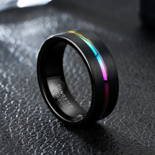欧美时尚 8MM宽 黑开槽间七彩 钛钢戒指男士指环批发