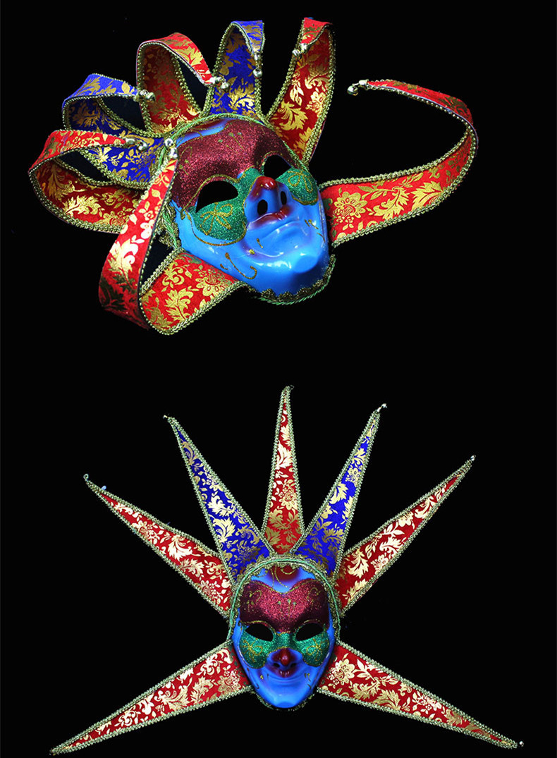 万圣节化妆舞会高档威尼斯仿古手工彩绘7角小丑带铃铛阴阳脸面具