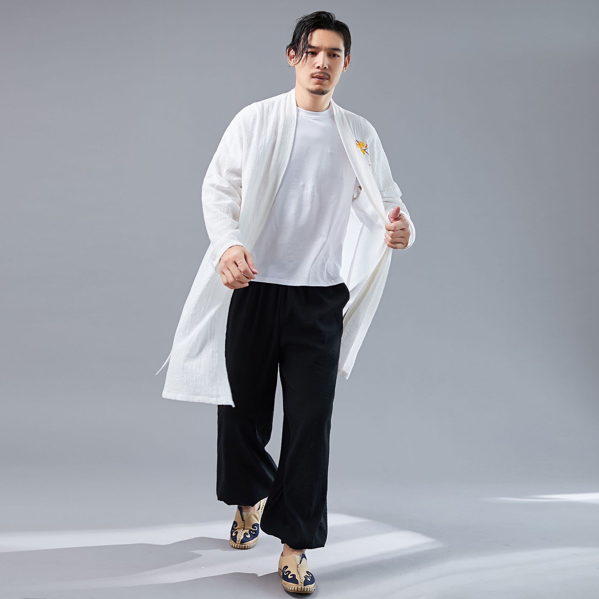 2021夏季新品复古国风 银杏长衫薄款棉麻男士上衣开衫休闲宽松款
