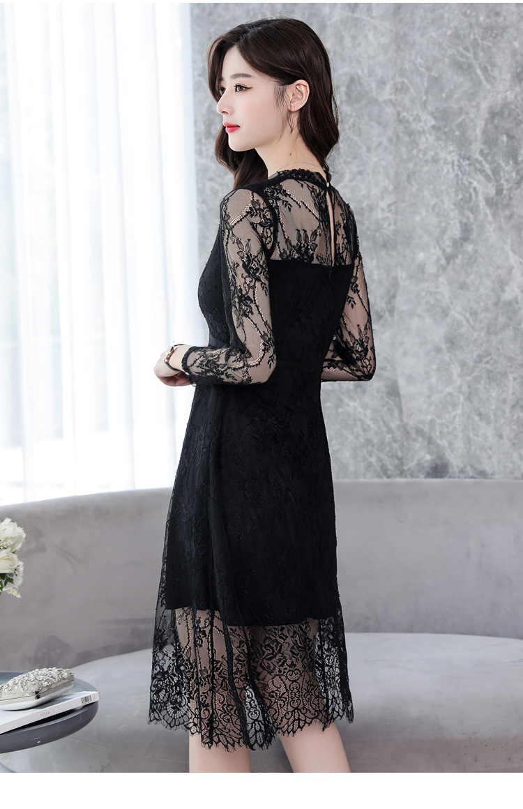 2019新款女春夏装韩版九分袖v领性感蕾丝连衣裙透视打底裙子