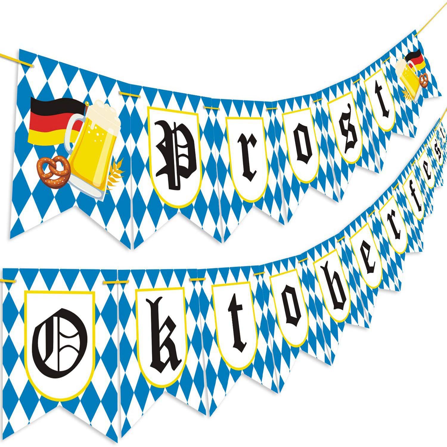 德国慕尼黑啤酒节拉旗 巴伐利亚 派对装饰横幅蓝白格子亚马逊热卖