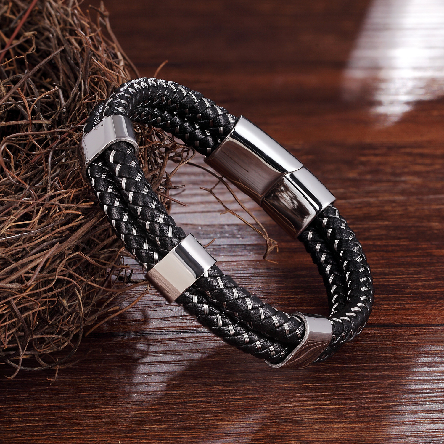 皮绳手链不锈钢真皮钢丝手链 个性男士牛皮编织手镯皮革手环饰品