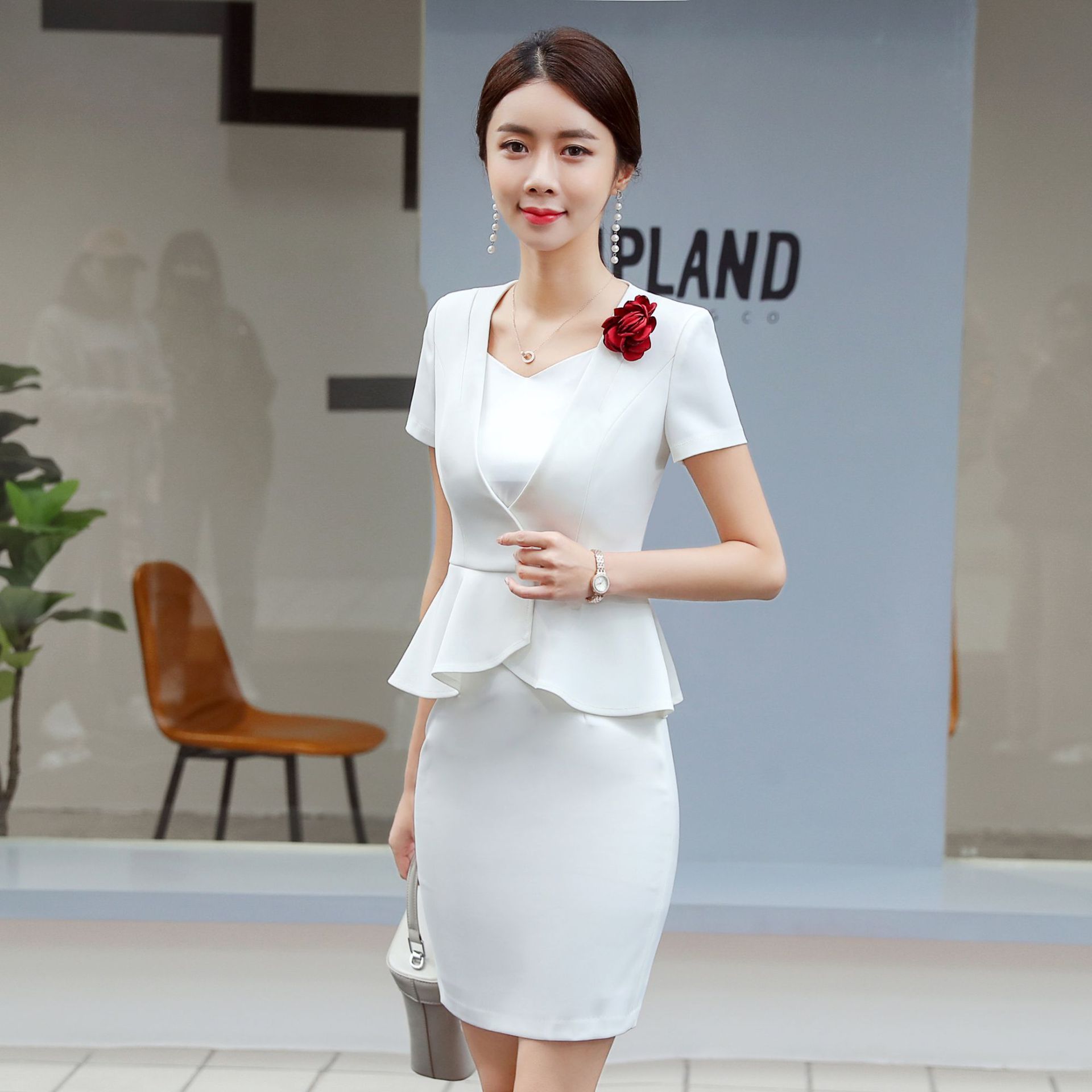 女装短袖夏季套装2019年新款不规则荷叶边下摆白色无口套裙批发