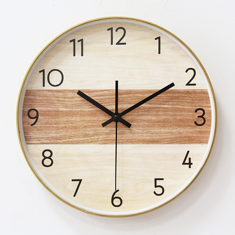 Bamboo Wood Grain Wall Clock Plastic New 12-Inch 30cm round Clock Simple Modern Living Room Bedroom Noiseless