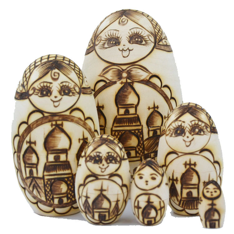 俄罗斯套娃-6层 蛋形 椴木 烙刻风格 无毒无甲醛 娃娃图案-批发