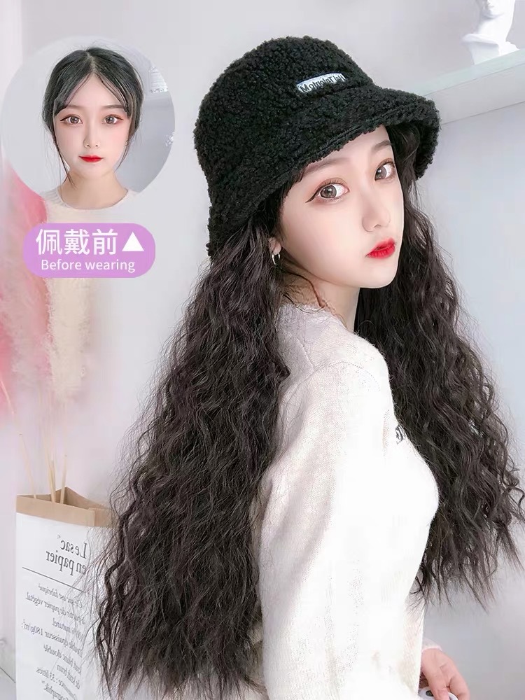 假发女长发羊羔毛渔夫帽子假发女羊毛卷长卷发自然网红发型玉米卷