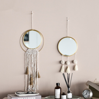 创意简约金色流苏镜子挂墙网红卧室化妆镜店铺墙面装饰贴墙小镜子