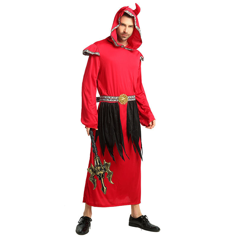西方万圣节鬼节鬼衣服成人男邪恶撒旦装红色恶魔长袍鬼节派对服装