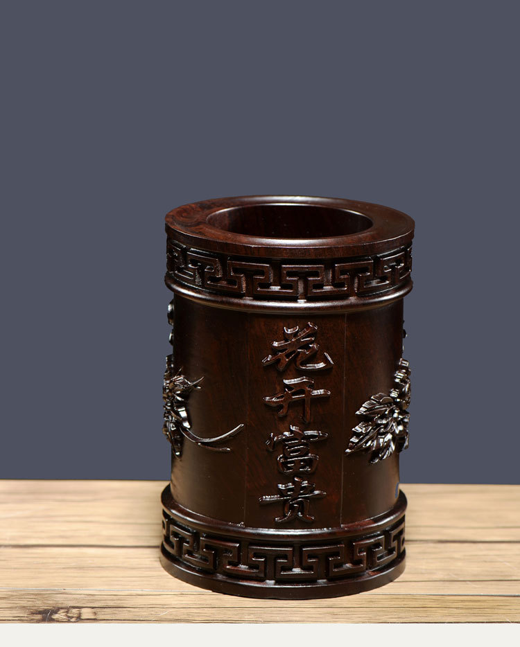 黑檀木雕复古笔筒文房四宝中式书房办公桌面收纳摆件定制logo刻字