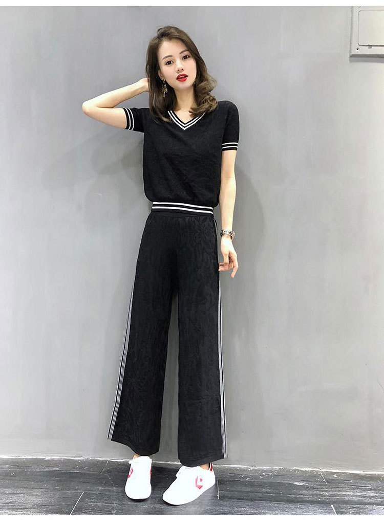 6746#休闲阔腿裤女夏2020新款洋气女士时尚冰丝针织运动服两件套