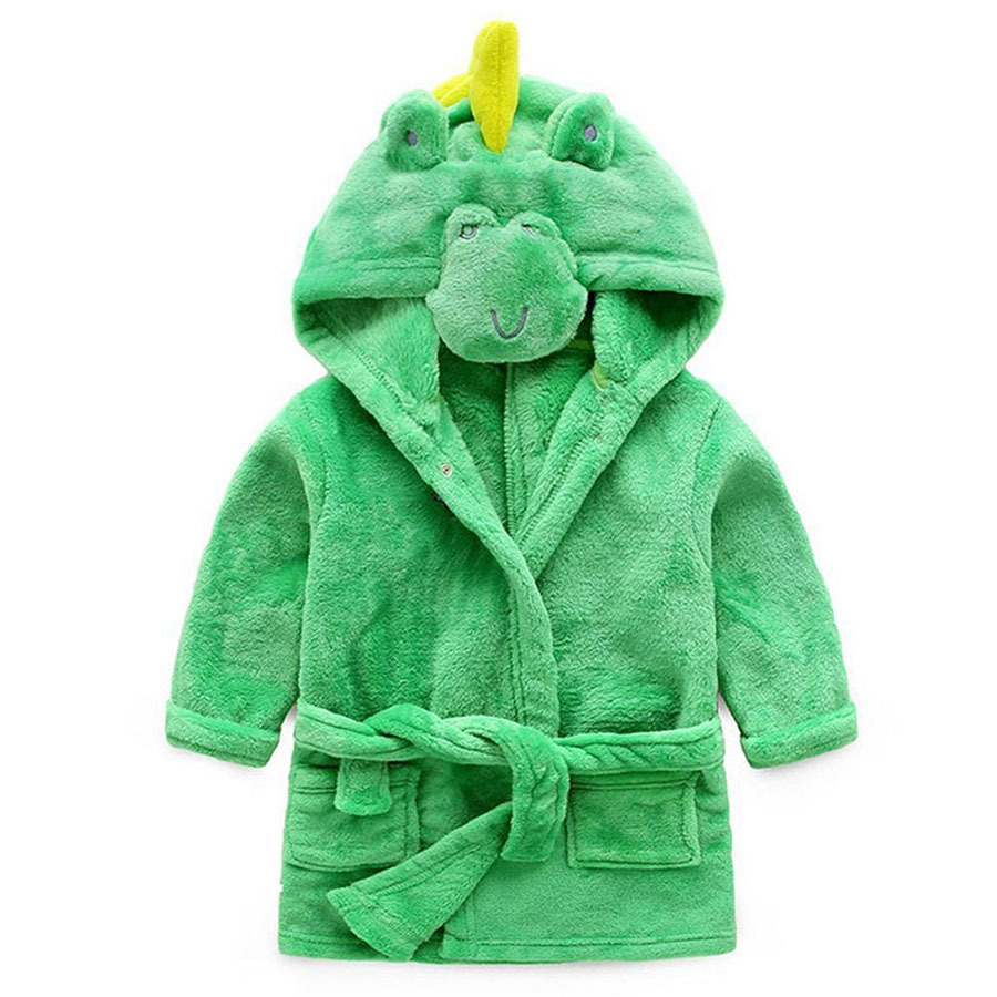 a954儿童家居浴袍珊瑚绒儿童睡衣浴袍男女睡袍绿色恐龙毛绒睡袍