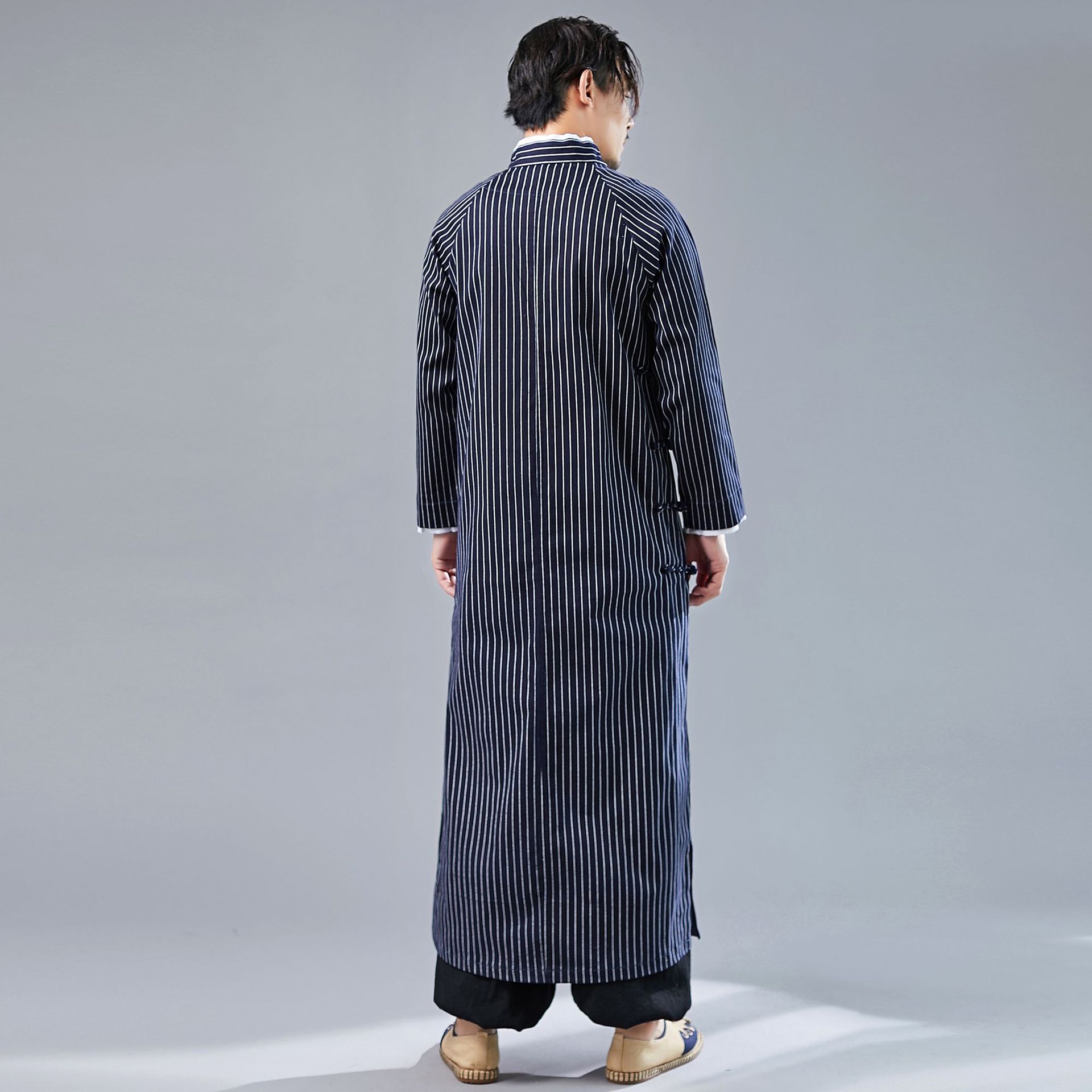 复古新款交领条纹长袍中国风棉麻手工盘扣马褂加长款唐装