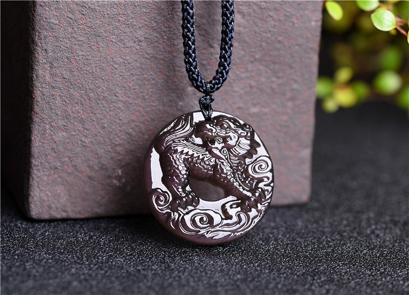 久雅水晶 天然冰彩黑曜石麒麟吊坠 麒麟平安扣 挂坠 批发