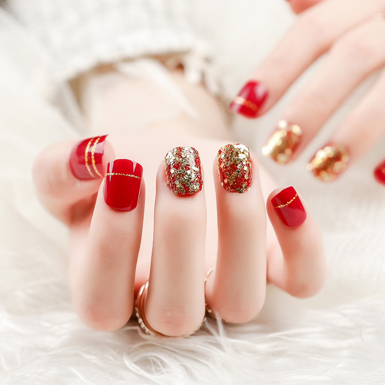 美甲甲片成品 影楼新娘假指甲穿戴可拆卸 指甲片美甲24片成品 l58