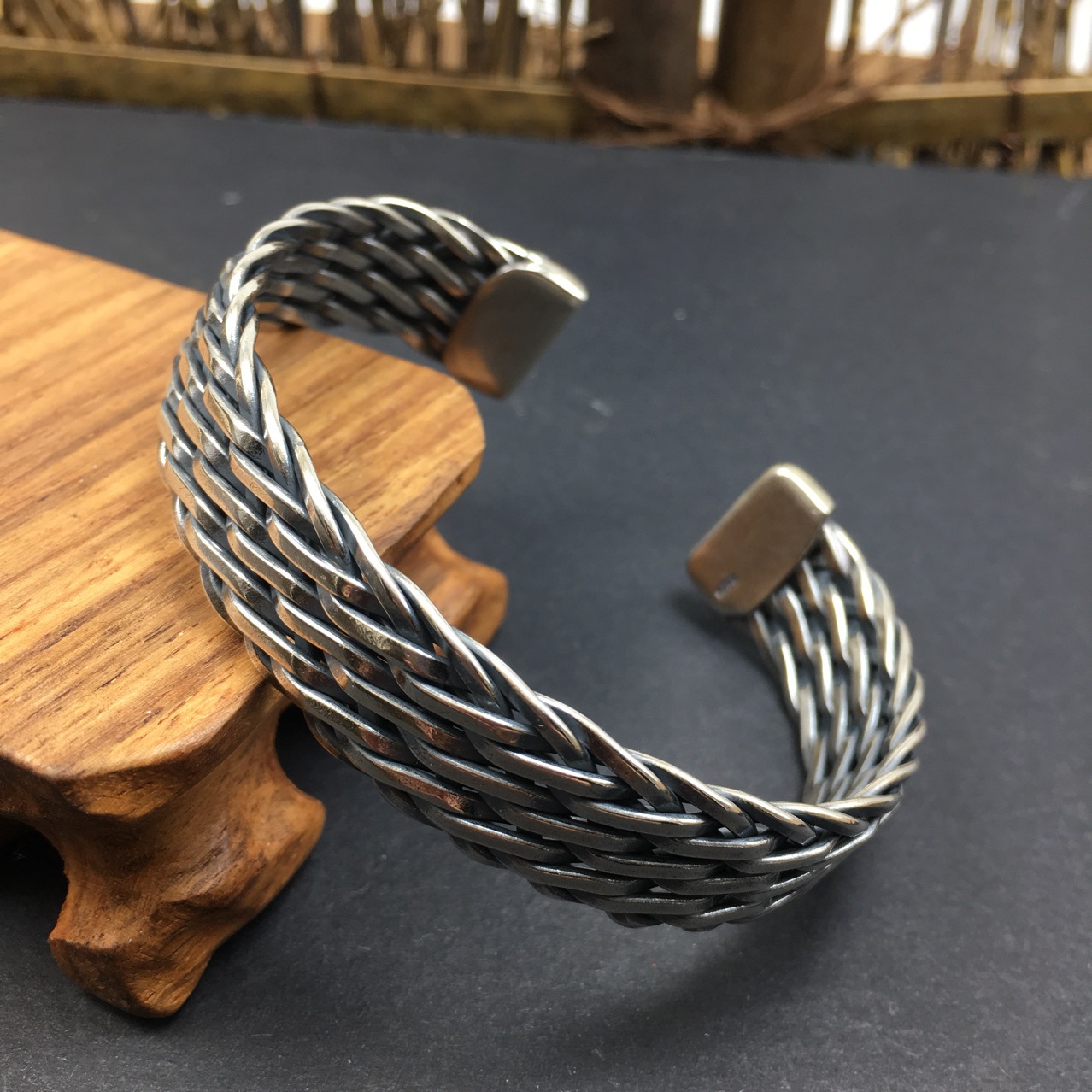 泰国清迈手工银麻花男女款手镯纯银手镯开口复古民族风扁编织镯子