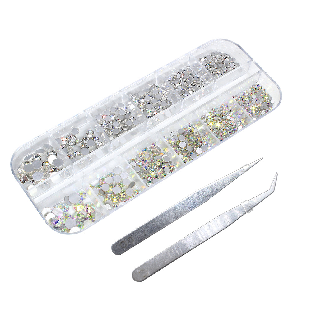 Cross-Border DIY Phone Case Clothing Accessories Flat Bottom Colorful Glass AB Rhinestone 12 Grid Strip Box Manicure Jewelry Suit