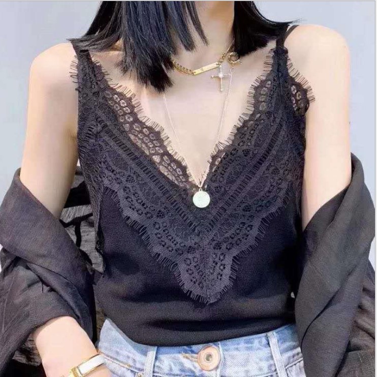 蕾丝花边吊带女性感睫毛边露背花背心打底衫无袖上衣弹力冰丝针织