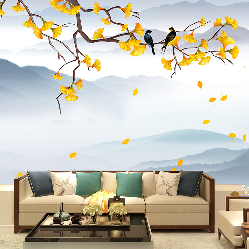3d立体新中式电视背景墙壁纸无缝5d晶雕壁画银杏花鸟墙布壁布
