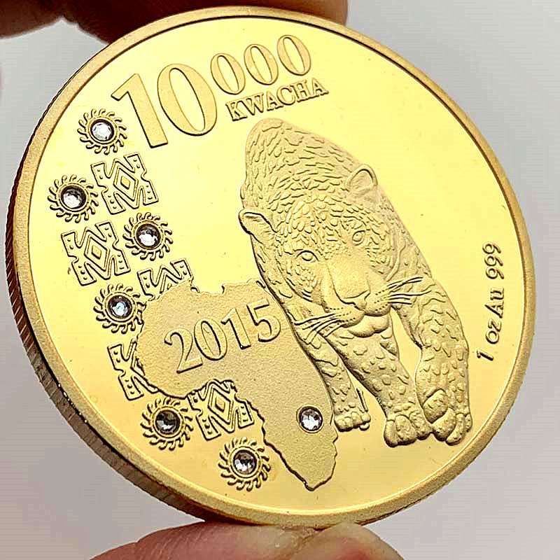 非洲赞比亚动物豹镀金纪念币 收藏工艺牙仙子金币镶钻硬币纪念章