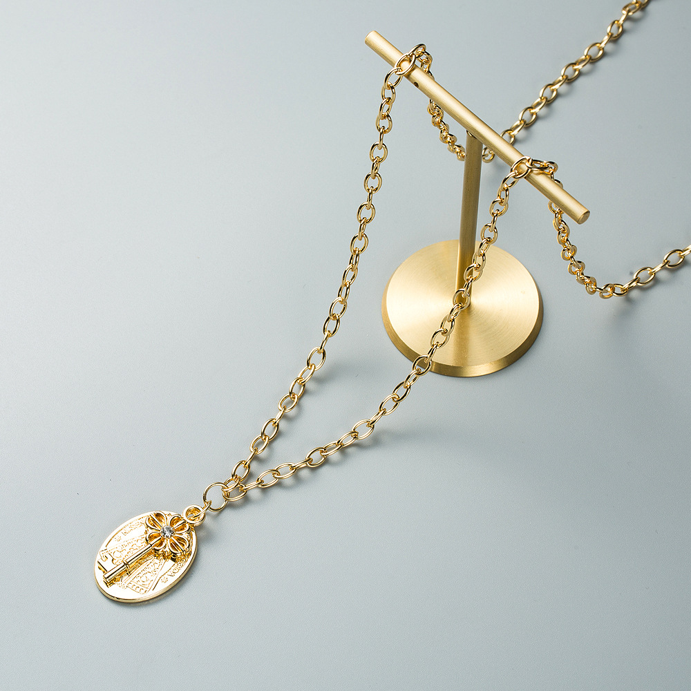 欧美复古创意项链 铜合金项饰品 钥匙铁牌几何圆形多层毛衣链批发