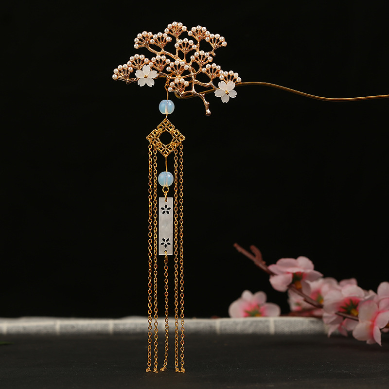 复古松枝发簪古风簪子日常小清新古代头饰步摇流苏汉服百搭现货