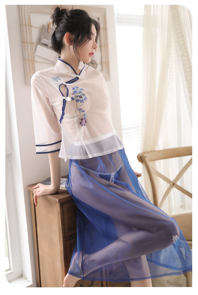 跨境情趣内衣性感网纱民国学生装 复古长裙刺绣旗袍风一件代发