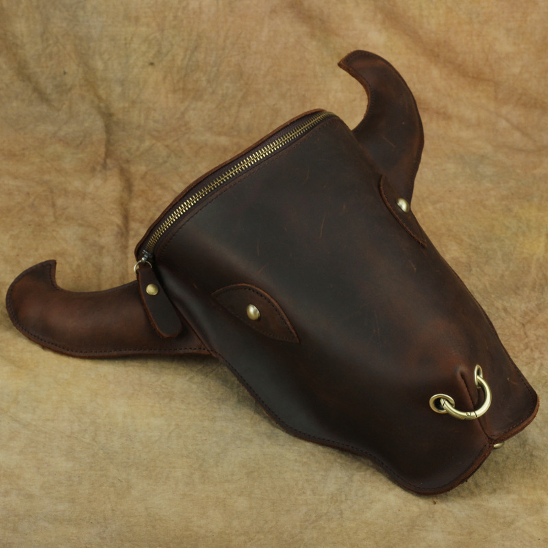 复古疯马皮双肩牛头包个性简约时尚真皮机车包男女情侣包潮包