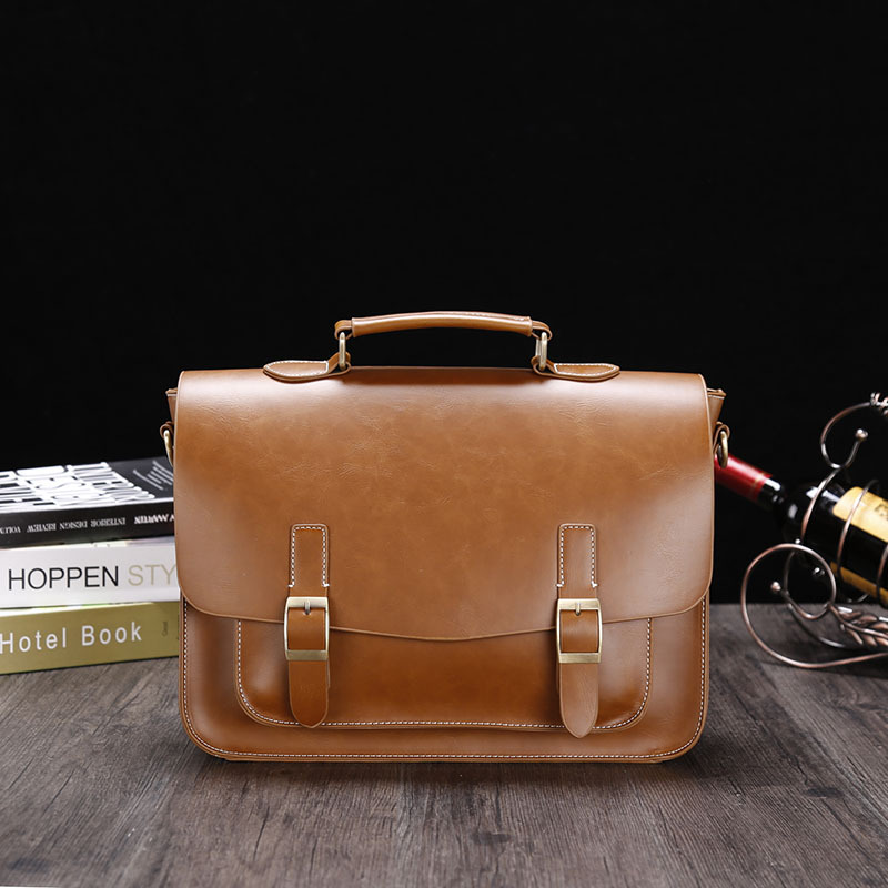 2023 New Men's Business Pu Leather Briefcase Men's Shoulder Bag Messenger Bag Large Capacity Horizontal Retro Men's Bag