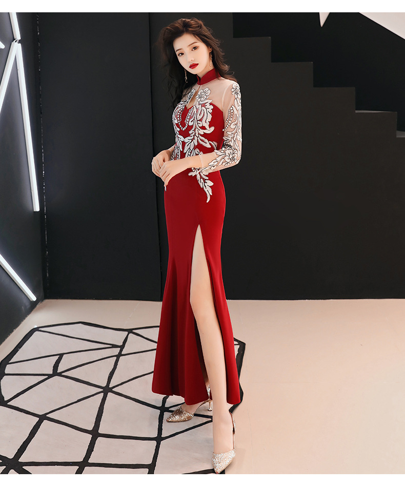 优雅端庄中式晚礼服立领网纱透视袖镂空胸显瘦开叉鱼尾连衣裙旗袍