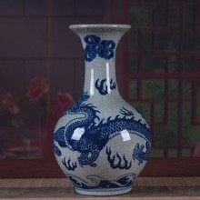 景德镇陶瓷器 仿古官窑青花龙纹花瓶摆设 裂纹釉复古家居客厅摆件