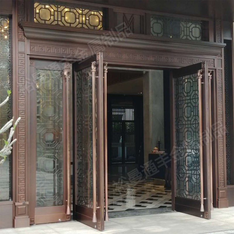 佛山厂家定做售楼处酒店中式装饰四开地弹簧玻璃不锈钢仿铜门大门