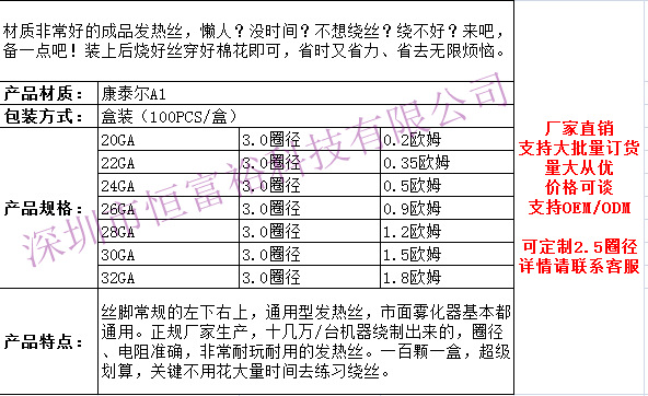 现货批发电子发热丝 diy滴油专用成品电热丝赛级单丝coil厂家直销