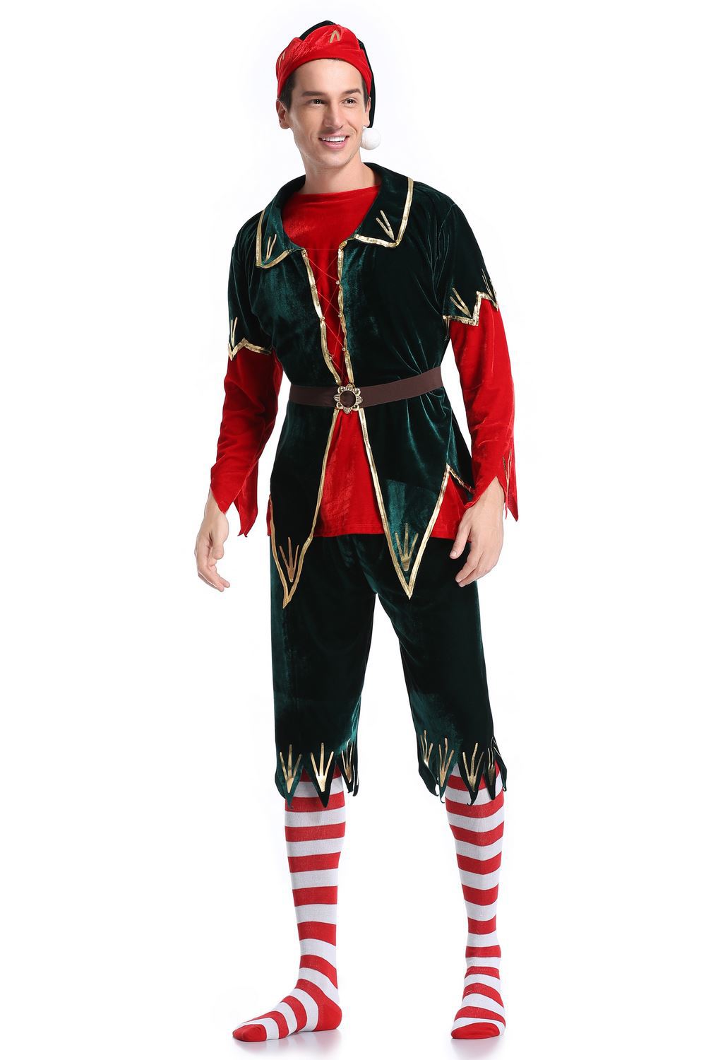 2019新款圣诞节服装成人男款圣诞猎人圣诞树红绿色精灵角色扮演服