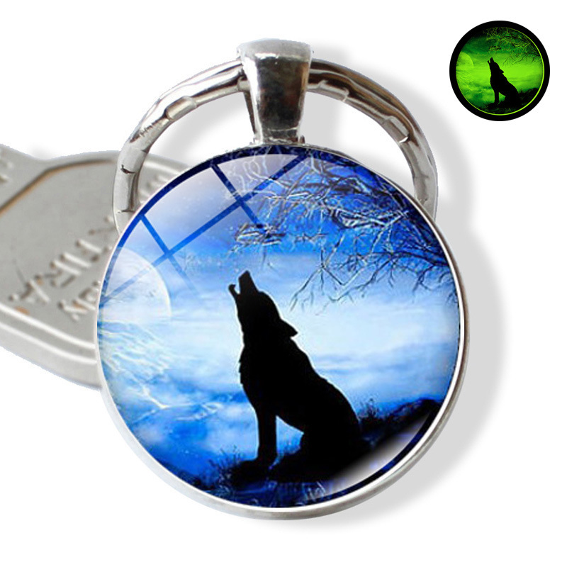 速卖通热销 嚎叫的狼时光宝石夜光钥匙扣挂件 欧美银色金属钥匙圈