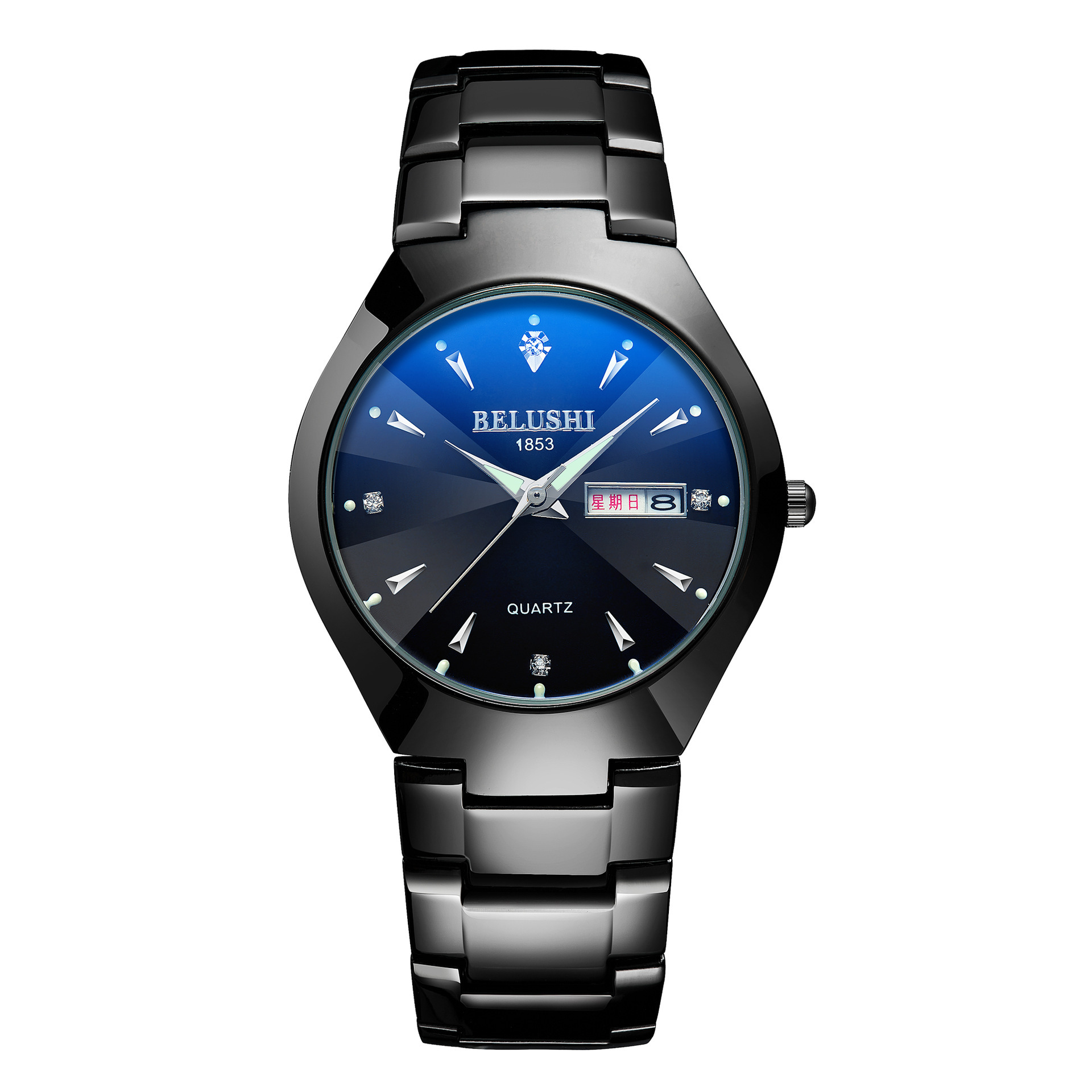 贝罗仕/belushi 黑钢带蝴蝶扣双日历夜光蓝光防水 情侣手表