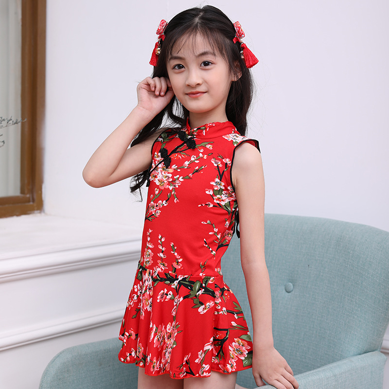 新款中大童泳装 中国风旗袍儿童泳衣女 女童分体游泳衣套装