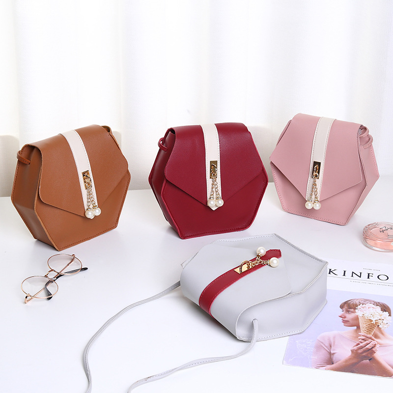 Contrast Color Pendant Pearl Shoulder Bag 2022 Japanese and Korean Fashion All-Match Hexagonal Shoulder Women's Bag Crossbody Personality Small Bag