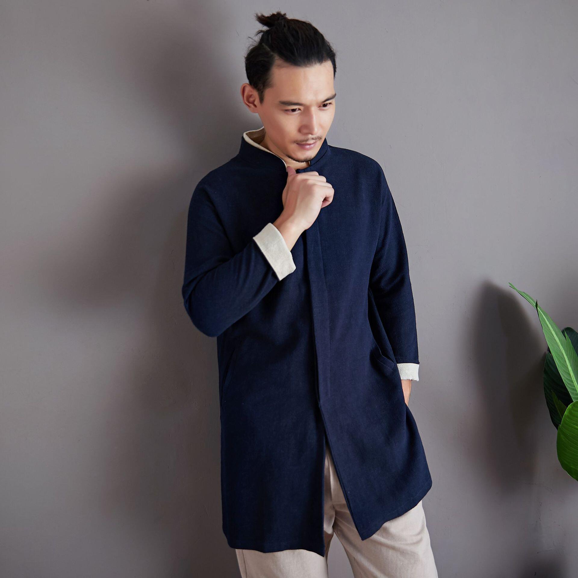 中国风白露复古立领长袖对襟上衣男纹麻开衫修身休闲款盘扣衬衫男