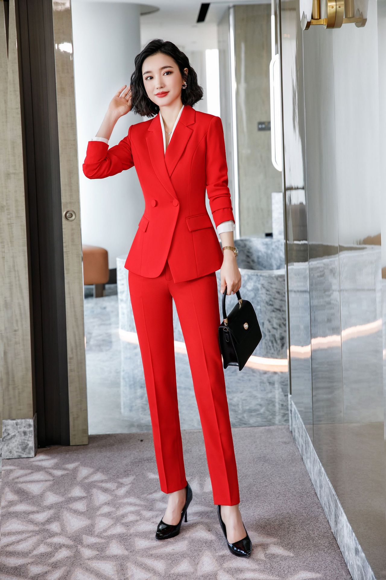 红色西服套装女2019秋冬ol职业装工作服晚会礼会主持人西装外套女