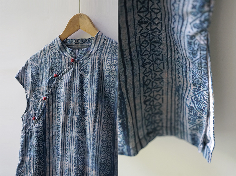 原创棉麻女装新中式蜡染印花撞色盘扣旗袍国风显瘦长连身裙l19178