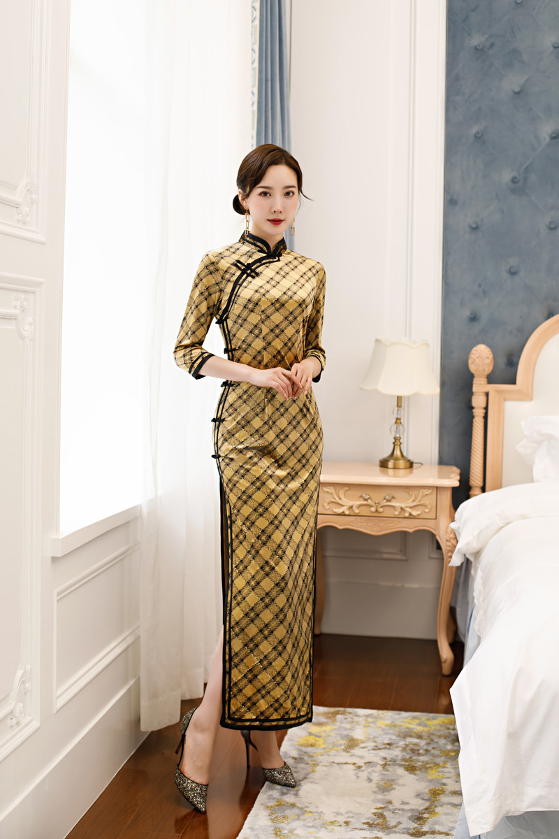 貂皮绒旗袍重工打造八锦八扣双边长款年轻t台秀广场舞聚会演礼服