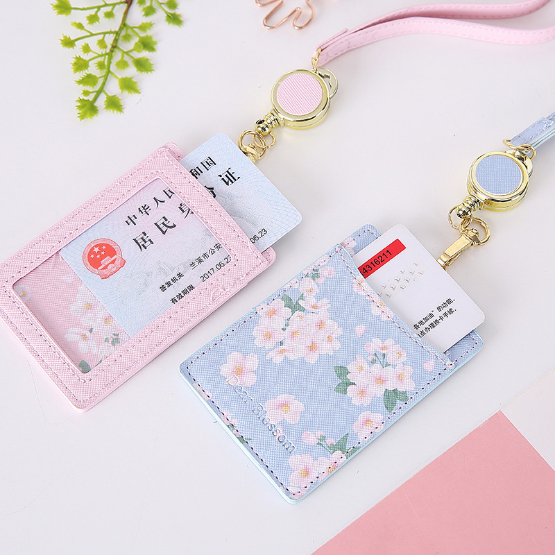 Korean-Style Retractable Lanyard Card Cover PU Leather Student ID Card Holder Meal Card Set Bus Card Package Student ID Card Card Clamp