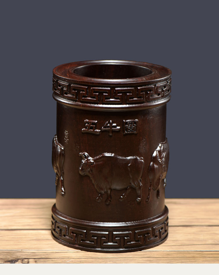 黑檀木雕复古笔筒文房四宝中式书房办公桌面收纳摆件定制logo刻字