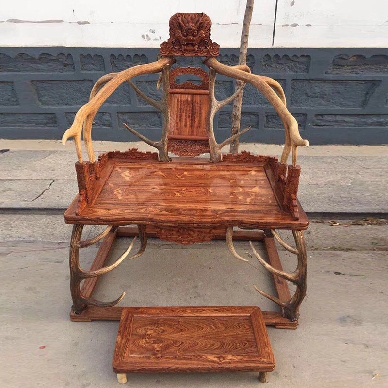 厂家供应大叶黄花梨鹿角椅仿古家具 餐桌五件套大叶黄花梨方桌